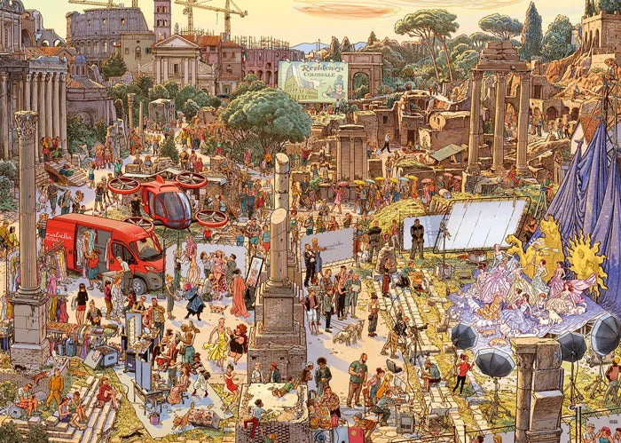 A 2000-piece heye jigsaw puzzle titled "fashion shoot" depicting a cartoon-style scene with ancient ruins, modern fashion, and transportation.