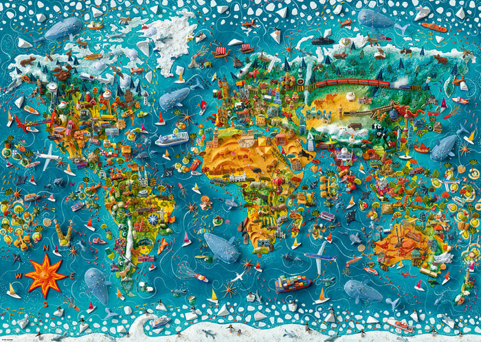 A 2000-piece jigsaw puzzle from heye featuring a colorful and detailed miniature world map, with various artistic elements and characters populating the map.