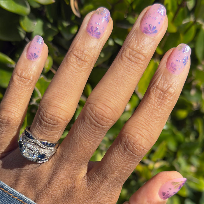 3D Chrome Blooms - Press-On | Short | Round with soft pink base and raised chrome floral details for quick mani style