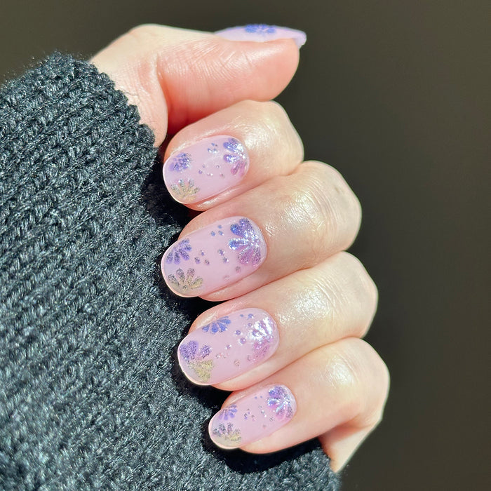 3D Chrome Blooms - Press-On | Short | Round with soft pink base and shiny 3D floral details for easy at-home mani care