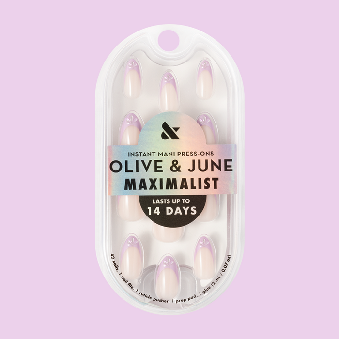 3D Iridescent Petal - Press-On | Medium | Almond nails with lavender french tips and raised 3D petal accents for at-home mani