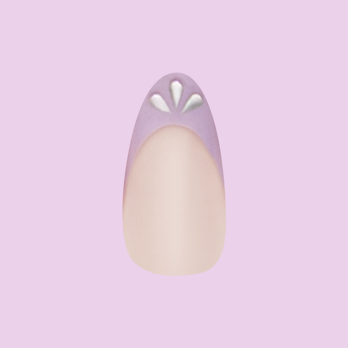 3D Iridescent Petal - Press-On | Medium | Almond nail with lavender french tip and raised 3D petal accents for easy at-home mani