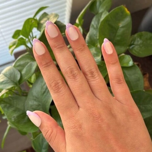 3D Iridescent Petal - Press-On | Medium | Almond nails with lavender french tips and subtle 3D petal accents for at-home mani