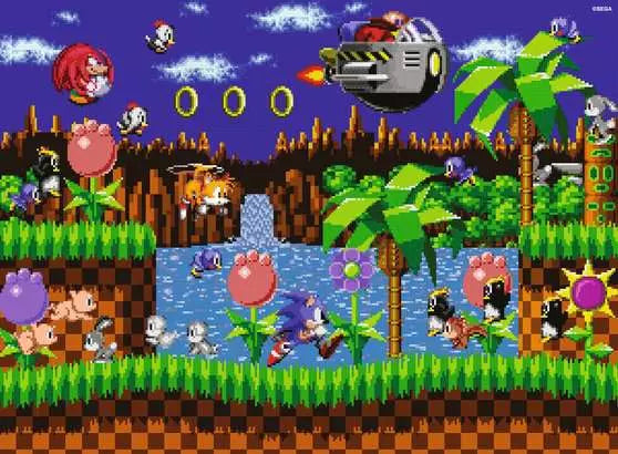 A 500-piece jigsaw puzzle featuring characters from the Sonic the Hedgehog video game, including Sonic, Knuckles, and Tails, with vibrant colors and a matte finish.