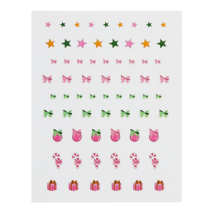 A Touch of Cheer decal sheet: stars, holly, candy canes, presents and bows in red and green