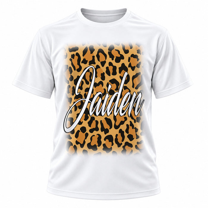 Personalized Cheetah Name T-Shirt, front-view T-shirt mockup featuring custom Air-Volution artwork by Mythic Airbrush