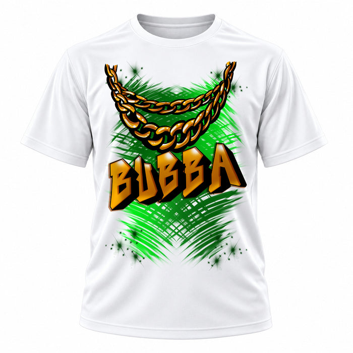 Personalized Gold Chain Name T-Shirt, front-view T-shirt mockup featuring custom Air-Volution artwork by Mythic Airbrush