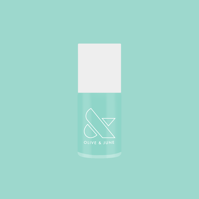 Bottle of All Manis on Deck gel polish in bright blue-green shade against matching background