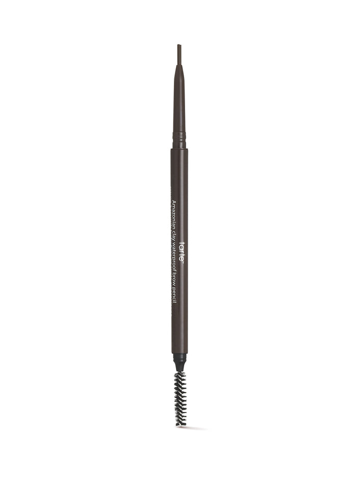 Eyebrow pencil with brown tip and black handle on a white background