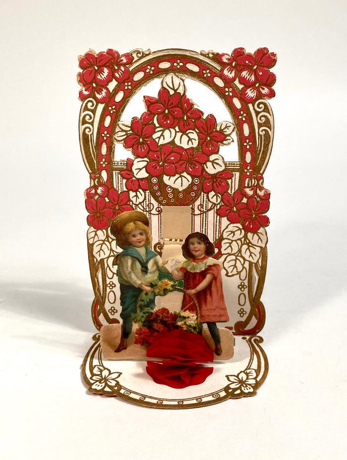 Antique 1920's Pop-Up Small Children VALENTINE'S DAY CARD, Pink Flowers