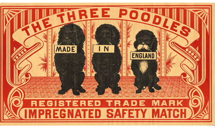 Antique, Unused THREE POODLES MATCH BOX LABEL, Large Crate Label, Dogs