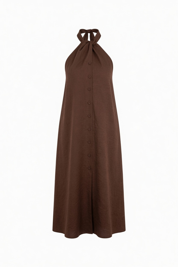 A brown halter-neck maxi dress with a button-down front, displayed on a clean white background.
