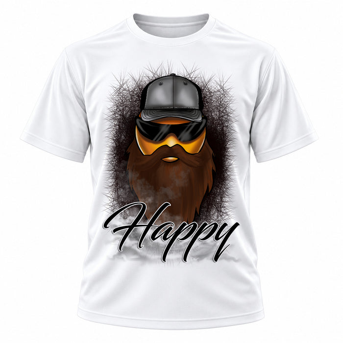 Bearded smiling face illustration on personalized graphic T-shirt, Mythic Airbrush design B201