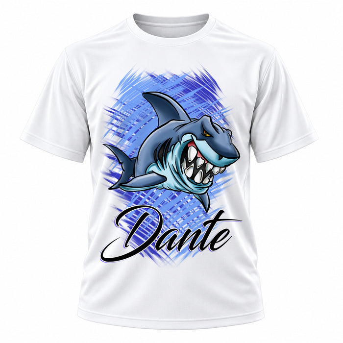 Personalized Shark T-Shirt, front-view T-shirt mockup featuring custom Air-Volution artwork by Mythic Airbrush