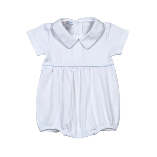 Baby Loren White Pima Boy Bubble w/ Blue Piping