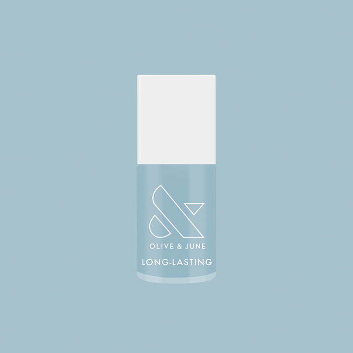Bandana Blue nail polish bottle from Olive and June in pastel true blue for a long-lasting mani or pedi finish