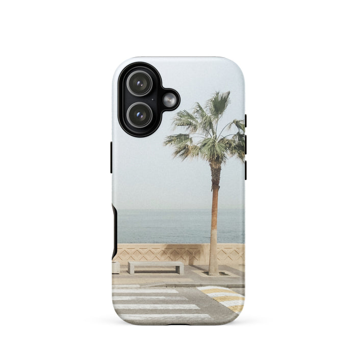 Phone case with palm tree and beach design on a white background