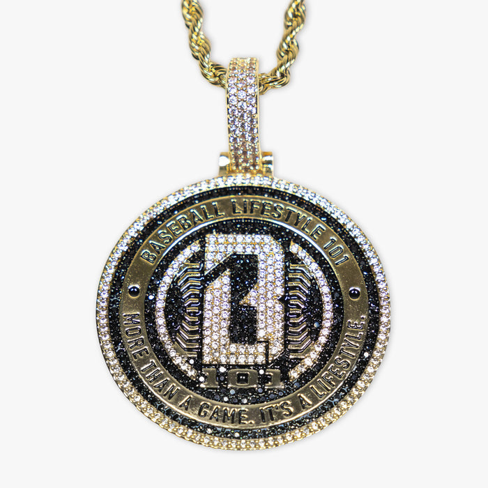 Yellow Gold BL101 Medallion necklace on white background