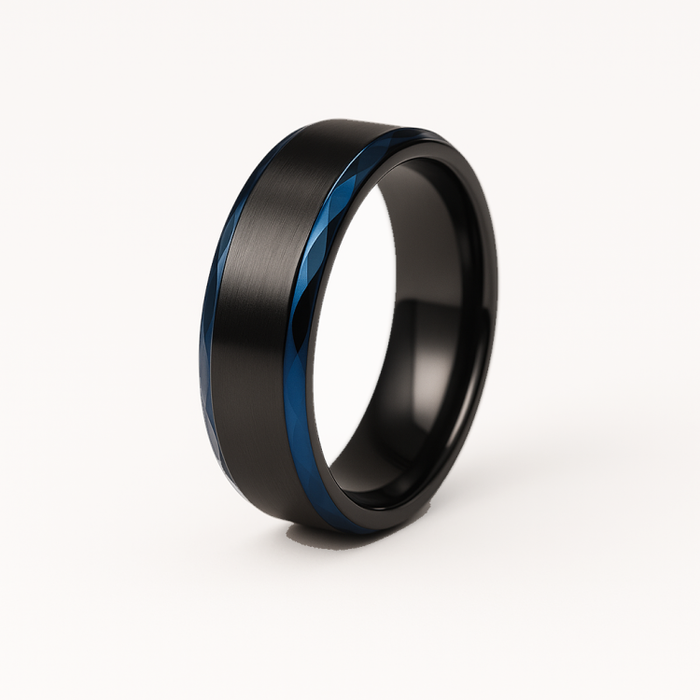 Black Zirconium and Blue Beveled Edge 8mm Ring