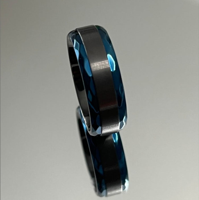 Black Zirconium and Blue Beveled Edge 8mm Ring