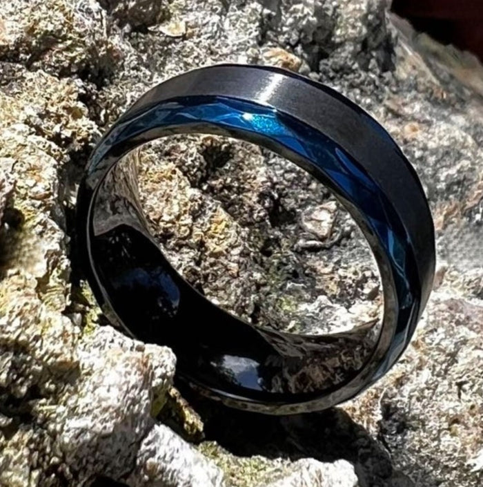 Black Zirconium and Blue Beveled Edge 8mm Ring