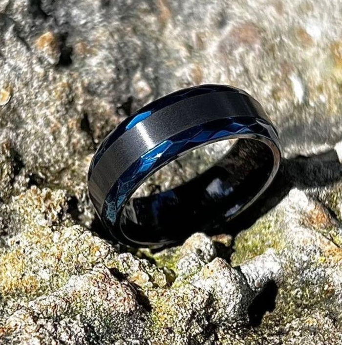 Black Zirconium and Blue Beveled Edge 8mm Ring