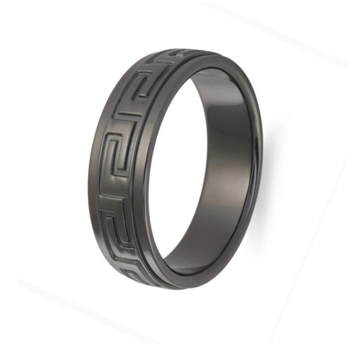 Black Zirconium Greek Key Design Band Men's Ring