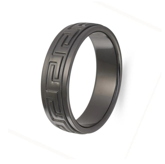 Black Zirconium Greek Key Design Band Men's Ring