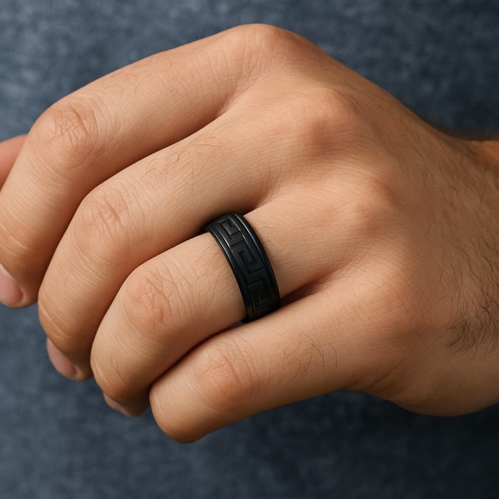 Black Zirconium Greek Key Design Band Men's Ring