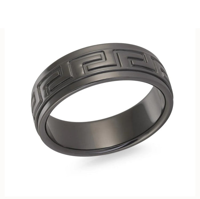 Black Zirconium Greek Key Design Band Men's Ring