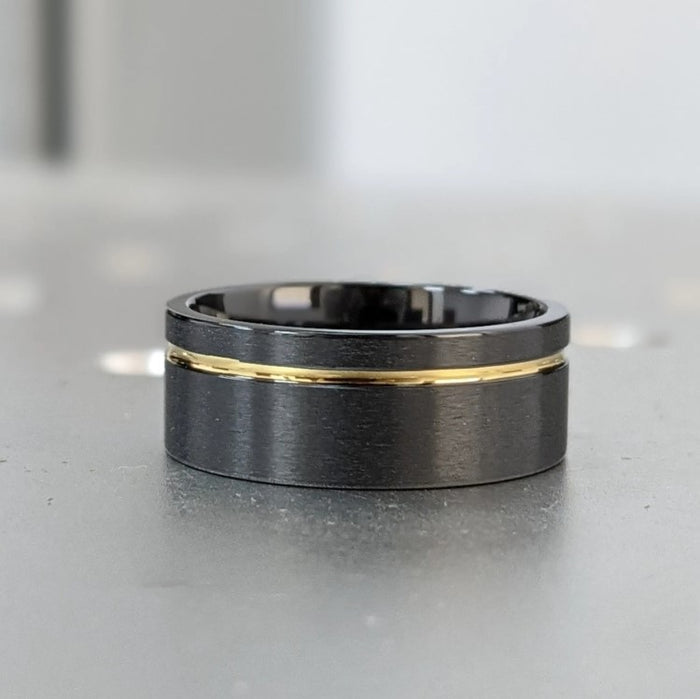 Black Zirconium Satin Finish Ring with Yellow Gold Polish Stripe (8mm)