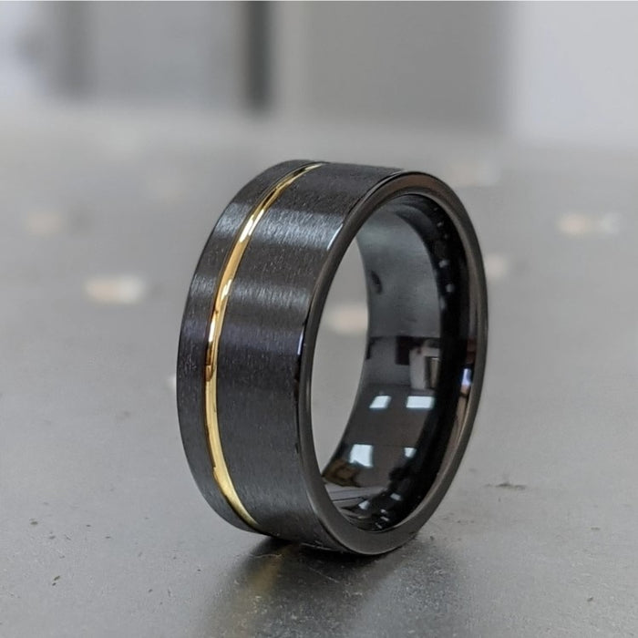 Black Zirconium Satin Finish Ring with Yellow Gold Polish Stripe (8mm)
