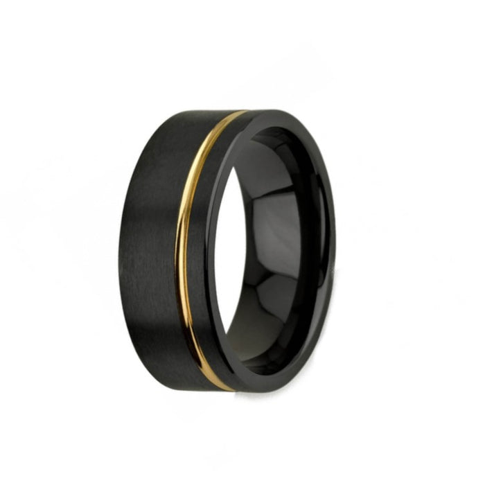 Black Zirconium Satin Finish Ring with Yellow Gold Polish Stripe (8mm)