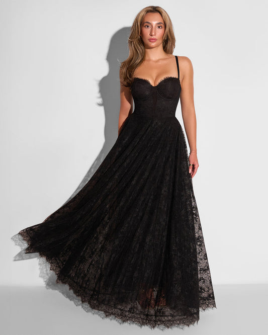 Model posing in Bombshell Maxi Dress - Lace Black front view