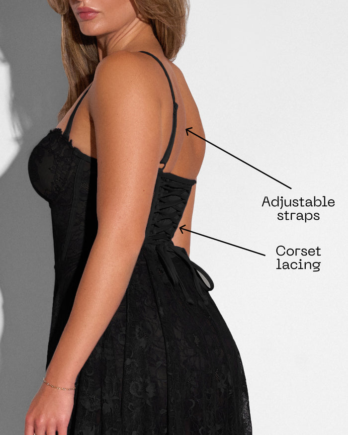 Graphic of Bombshell Maxi Dress - Lace Black highlighting back details