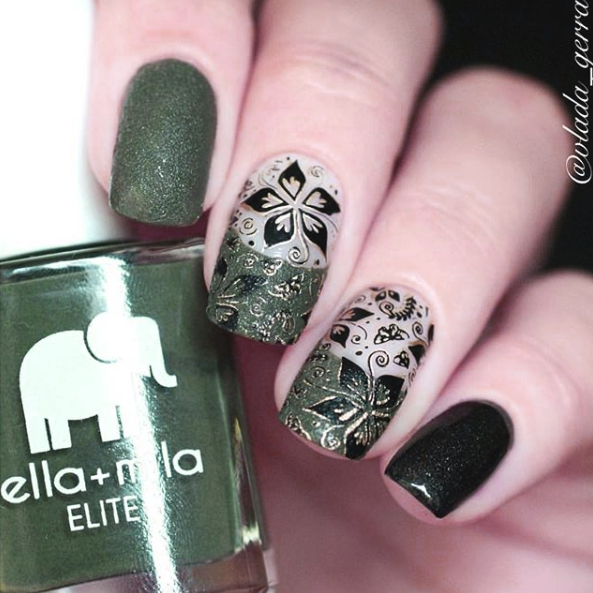 Bon Voyage olive green nail polish with black and white floral nail art