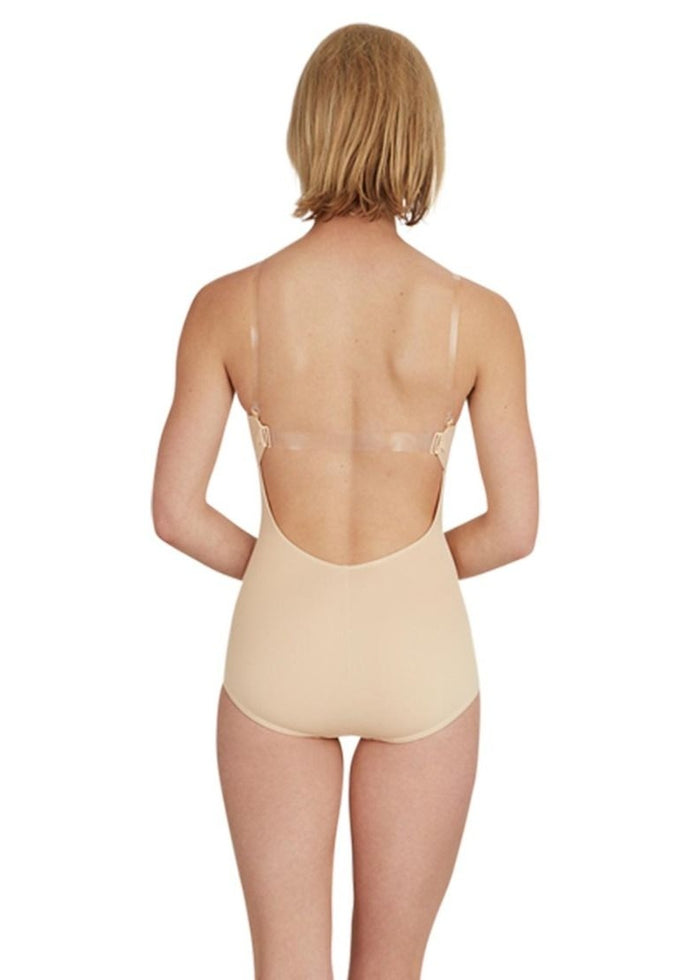 Capezio 3565 undergarment liner leotard in light nude shade with clear adjustable camisole straps and clear back strap