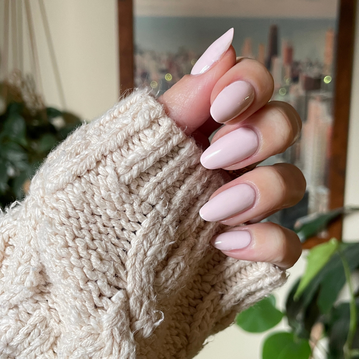 Brave Blush pastel pink gel polish on almond-shaped nails with a smooth, glossy finish for an easy at-home mani