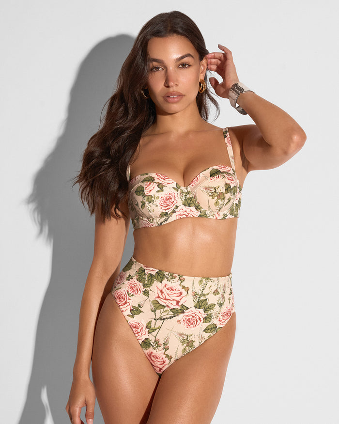 Front view of model in Brazilian Smoothing Kini Bottom - Thorny Rose paired with matching top
