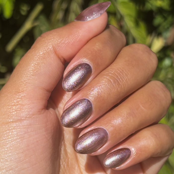 Hand with nails polished in shimmering neutral pink Bronze Velvet magnetic polish in natural light outdoors