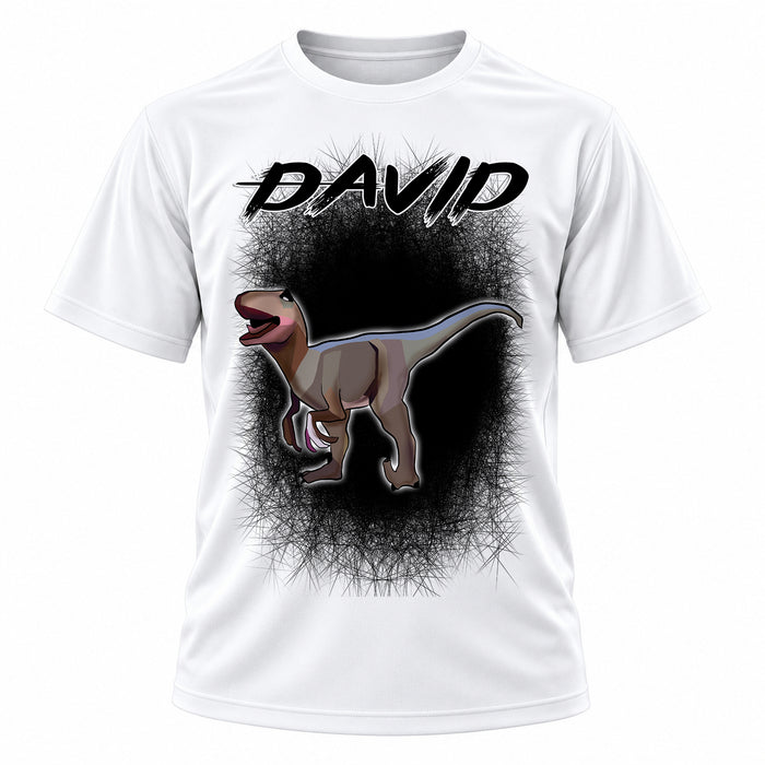 Personalized Dinosaur T-Shirt, front-view T-shirt mockup featuring custom Air-Volution artwork by Mythic Airbrush