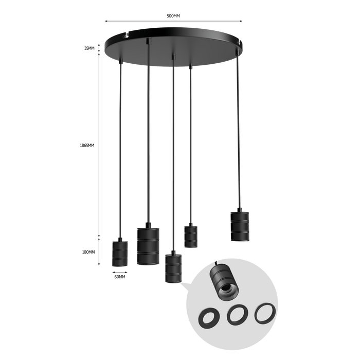 Calex Pendant Light - 5x E27 - 50cm - Black