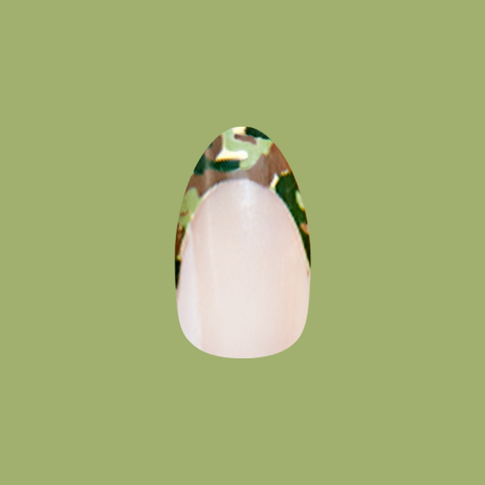 Camo French - Press-On | Medium | Almond false nail with earthy green camo French tip for easy at-home mani by Olive and June