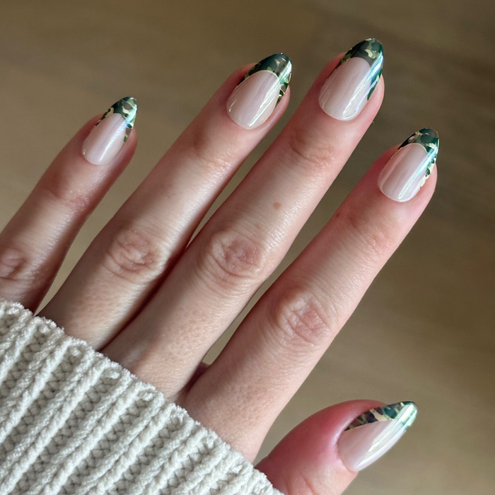 Camo French - Press-On | Medium | Almond false nails with earthy green camo tips for easy at-home manicure by Olive and June