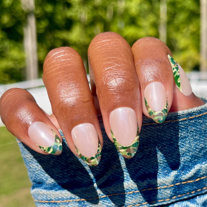 Camo French - Press-On | Medium | Almond nails with neutral base and green camo French tips for easy at-home mani
