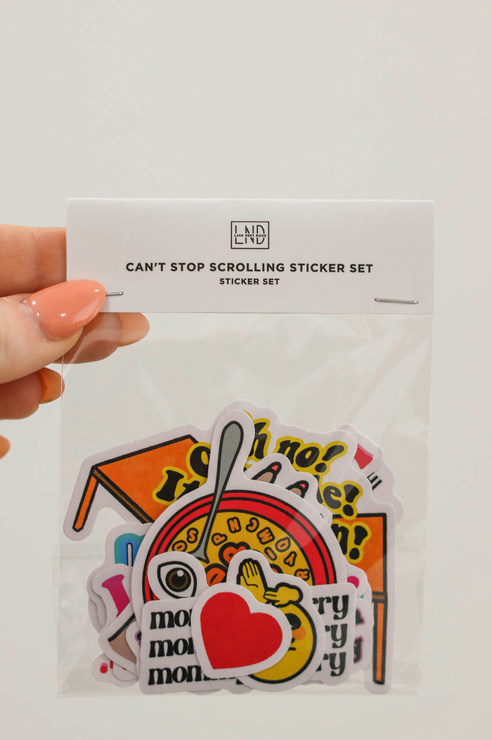 social media themed 12 count sticker set called "can't stop scrolling"