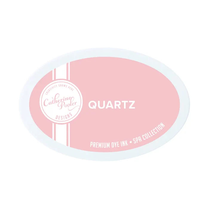 Catherine Pooler - Eau De Perfection - Ink Pad - Select from Drop Down. Crisp and bright and oh, so Platinum shine. Quartz is a slightly-muted, pale pink ink. The Rose Gold Metallic Pigment Ink is a rich, mauve-toned gold in with lots of shine. Available at Embellish Away located in Bowmanville Ontario Canada.