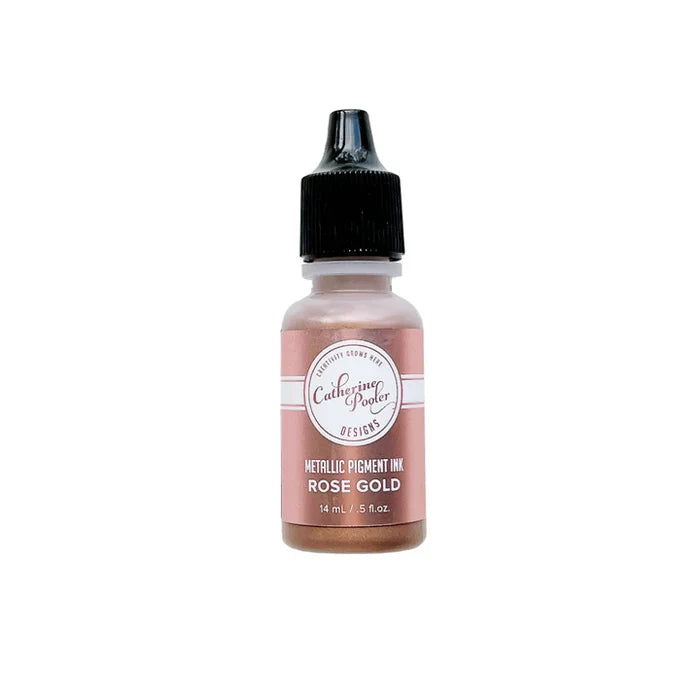 Catherine Pooler - Eau De Perfection - Reinker - Select from Drop Down. Crisp and bright and oh, so Platinum shine. Quartz is a slightly-muted, pale pink ink. The Rose Gold Metallic Pigment Ink is a rich, mauve-toned gold in with lots of shine. Available at Embellish Away located in Bowmanville Ontario Canada.