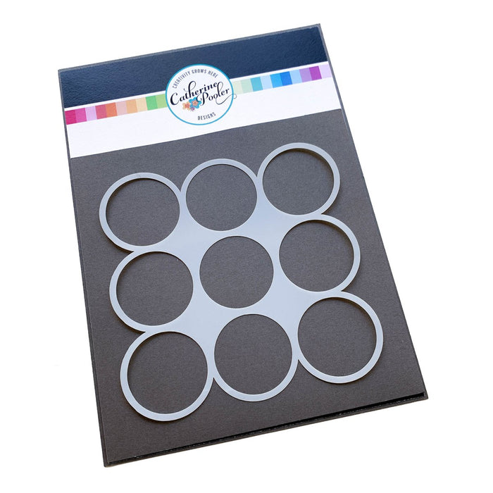 Catherine Pooler - Template Stencil - 1.5" Circle. Create patterned stamped backgrounds with ease using the new Circle Template.  These templates come in three sizes and will help you when you are looking to evenly space various sized stamped images.  You can also blend over these templates with color, using them as a circle stencil or use the edge to make a lovely scalloped motif. Stencil is 6 x 6" in size. Available at Embellish away located in Bowmanville Ontario Canada.