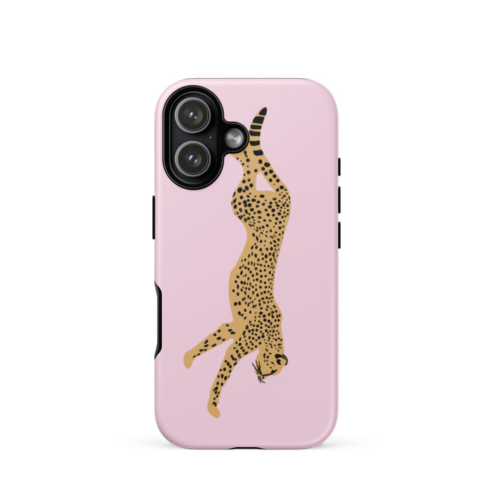Phone case with a cheetah design on a pink background